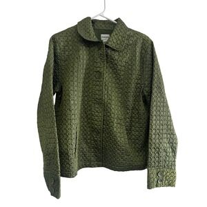 Chicos Olive Green Quilted Embroidered Button Front Jacket Size 2 Large Womens